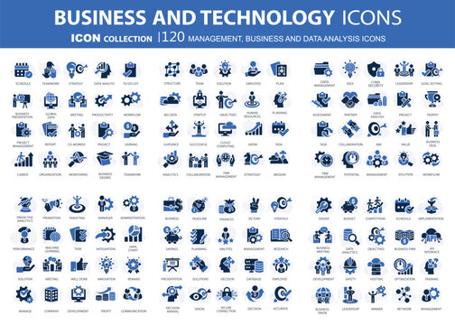 Business, data analysis, organization management and technology icon set. Teamwork, strategy, planning, marketing, cloud technology, data analysis, employee icon set. Icons vector collection