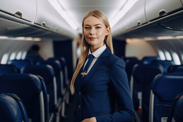 Beautiful  female stewardess at work on the airplane, generative AI