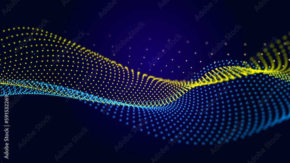 Poster futuristic wave of dots with moving particles. abstract technology background. 3d visualization of b