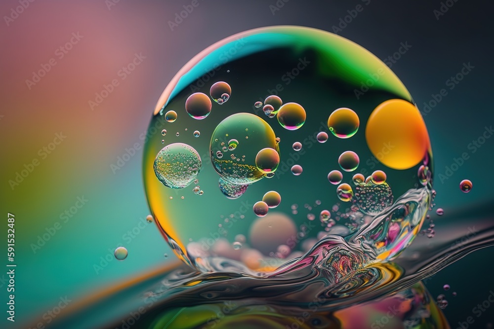 Aufkleber bubbles in water against a rainbow gradient, captured at macro scale generative ai