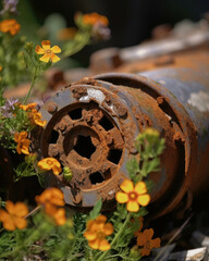 An old rusted cannon flowers peeking through its slowly decaying body Abandoned landscape. AI generation.