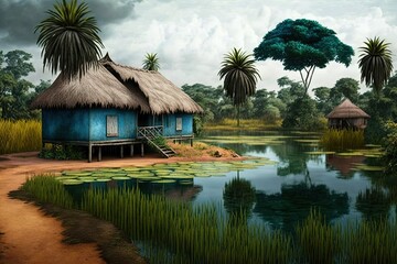 Benin landscape with straw hut and lake. Generative AI Art. Beautiful view.