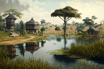 Benin landscape with straw hut and lake. Generative AI Art. Beautiful view.