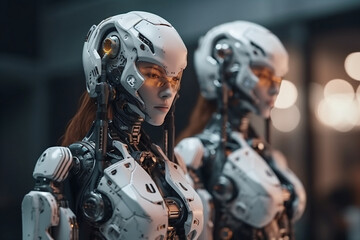 Two Attractive Sci - Fi Robotic Girls And Blurred Spaceship On Background, Made Using Generative Ai