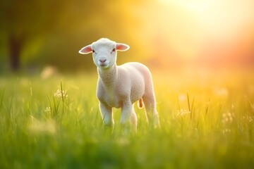 Fototapeta premium Cute little lamb on fresh spring green meadow during sunrise background