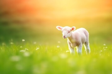 Obraz premium Cute little lamb on fresh spring green meadow during sunrise background