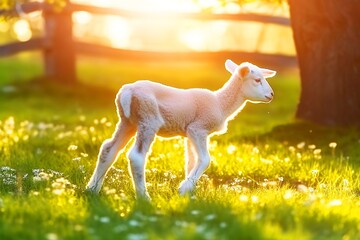 Fototapeta na wymiar Cute little lamb on fresh spring green meadow during sunrise background