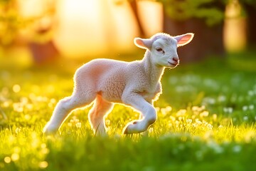 Cute little lamb on fresh spring green meadow during sunrise background
