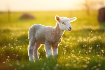 Fototapeta premium Cute little lamb on fresh spring green meadow during sunrise background