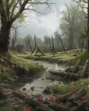 A tranquil scene of nature flourishing on a place of conflict. Abandoned landscape. AI generation.