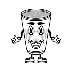 Beer plastic cup smiling cartoon character with hands and legs vector illustration in vintage monochrome style isolated on white background