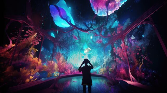 Young Creative Female Wearing a Virtual Reality Headset at Home. Woman Enters Digital Internet 3D Universe with Avatars. Next Generation Immersive Social Media Online Metaverse Platform