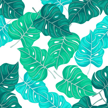 Stylized tropical pattern, palm leaves floral background. Abstract exotic plant seamless pattern. Botanical leaf wallpaper.