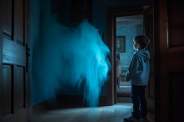 Young Boy Looking At Blue Levitating Ghost At Doorway In The Haunted House, Made Using Generative Ai