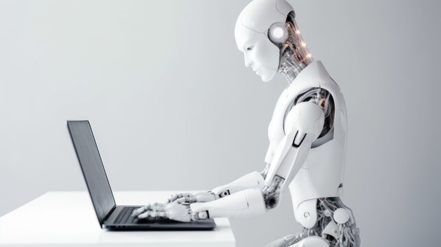 Ai Chatbot white Robot Sitting At Desk Using Computer As Artificial Intelligence And Machine Learning Concept on white background
