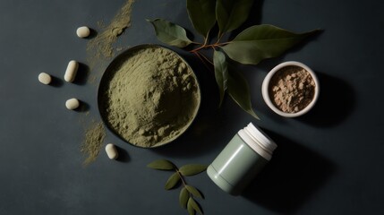 Green algae in powder and pills - chlorella, spirulina in white spoons on a black black background. Healthy green food supplement concept.