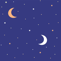 Obraz na płótnie Canvas Vector abstract moon and stars on blue sky repeating pattern background.