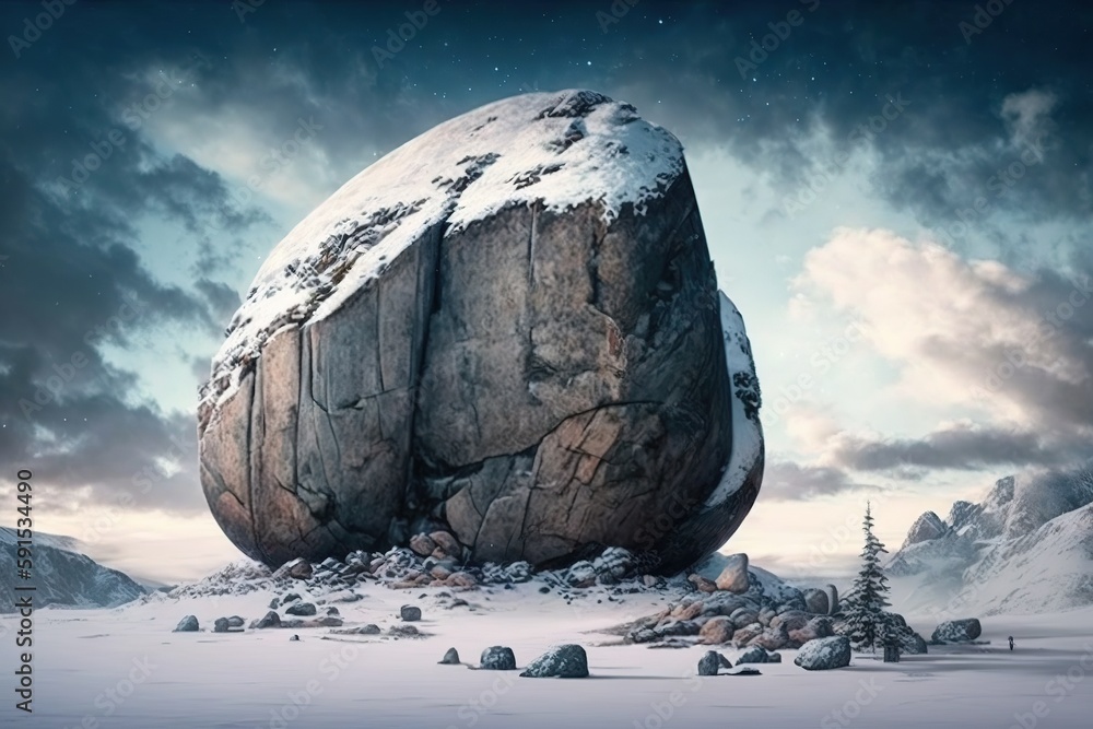 Poster huge rock with a view of the snowy mountains generative ai