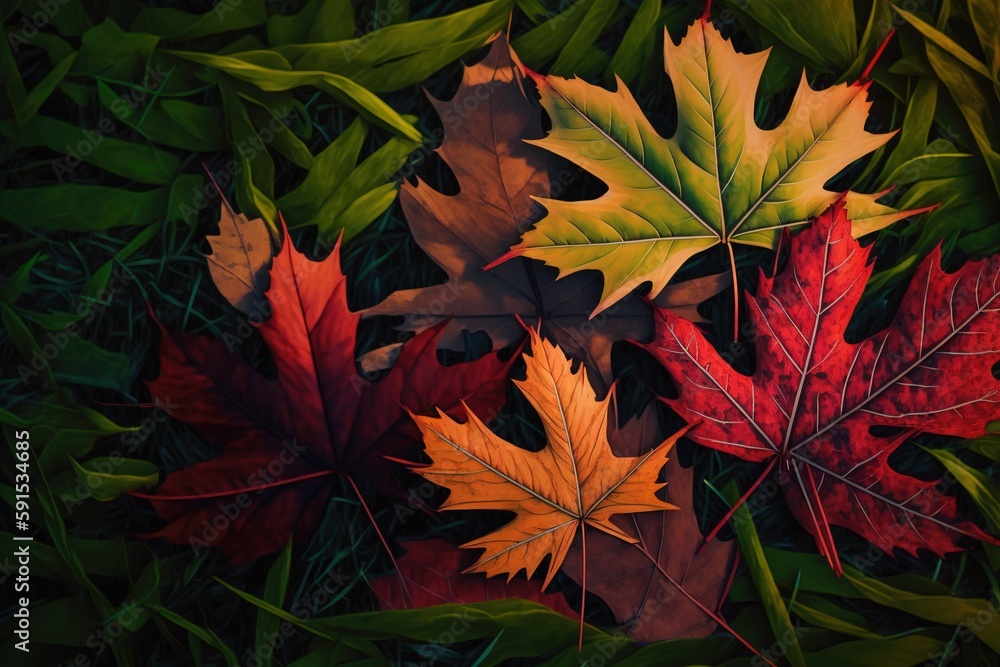 Poster leaves from a maple tree laying on the ground generative ai