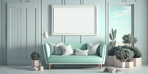 Bedroom interior background with mockup frame,digital illustration generative AI