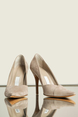 Suede leather pumps, studio shot with reflexion. Classic high heels with sharply pointed toes.