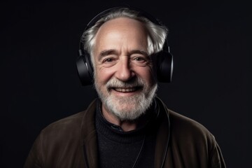 Grandpa listens to music. grandfather wearing headphones listening music.