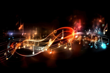 Melody of Light: Glowing Music Notes on Black Background