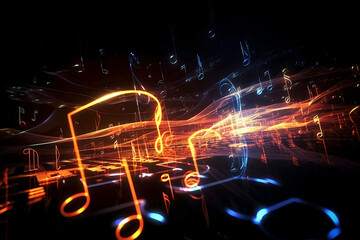 Melody of Light: Glowing Music Notes on Black Background