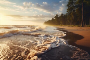 Sunset over a beach with waves and pine trees, pacific northwest style, ai generated