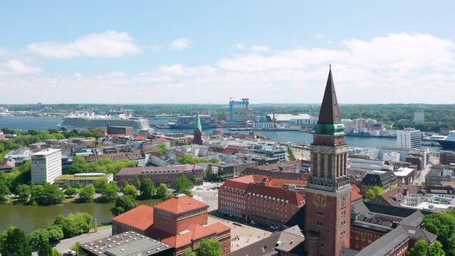 Cityscape of Kiel, Schleswig-Holstein, Germany. Aerial view of the city center and the Town hall (Rathaus) on a sunny summer day.