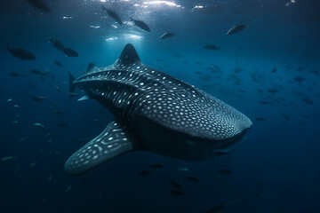 Giant whaleshark in the blue ocean in Philippines. Surrounded by a school of other fishes. Generative Ai