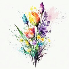 Watercolor Spring Flowers bouquet botanical hand drawn illustration isolated on white background, Generative AI