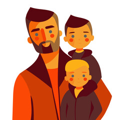 Father and sons. Stylish vector in modern flat style. Cartoon picture