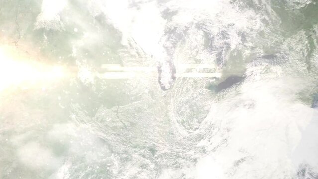 Earth zoom in from outer space to city. Zooming on Oak Lawn, Illinois, USA. The animation continues by zoom out through clouds and atmosphere into space. Images from NASA