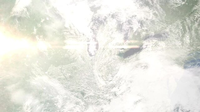 Earth zoom in from outer space to city. Zooming on Elkhart, Indiana, USA. The animation continues by zoom out through clouds and atmosphere into space. Images from NASA