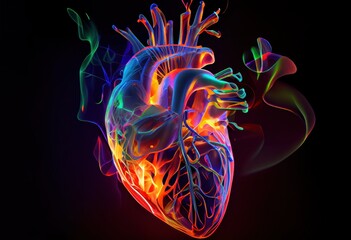 Human Heart as a High-tech Motherboard Chipboard on vibrant Neon background