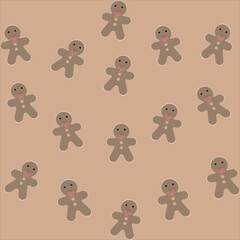 Obraz premium Gingerbread man is decorated in Xmas hat and candy on brown background. Seamless vector pattern for new year's day, Christmas, winter holiday, cooking, new year's eve. Cute Xmas background.