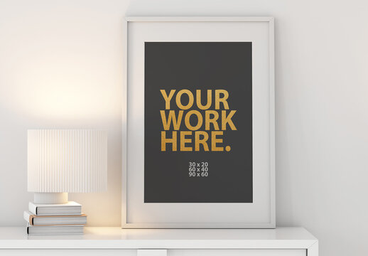 Vertical Poster Frame Mockup with passepartout in room