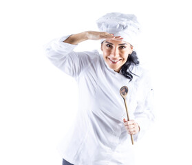 Expressive pose of a smiling young female chef who is looking for new colleagues to join her team. Isolated white background