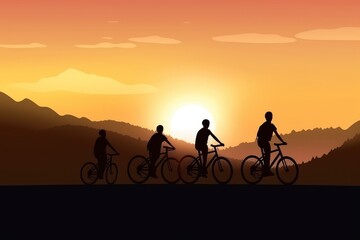 Backpacker family ride a bike on the road at sunset go to the mountain, behind view, silhouette, AIi generated