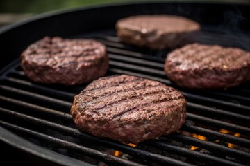 Grilling hamburgers on barbecue grill with flames and smoke.