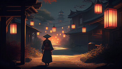 Silhouetted wanderer enters historic Japanese village with glowing lanterns