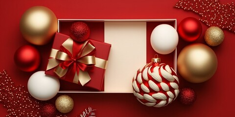 Top view photo of vibrant red Christmas decorations on an isolated red background with plenty of copyspace. Perfect for holiday-themed projects.