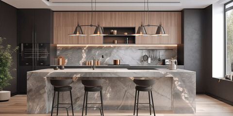 luxury Kitchen interior with grey marble countertop