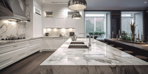 Kitchen interior with white marble countertop