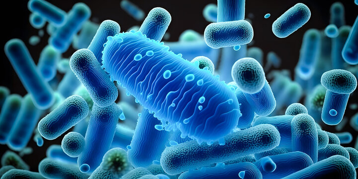 Bacterial colony Bacteria Blue color Microbes. Concept of science and medicine banner. AI generation.