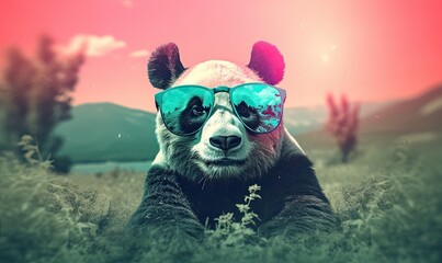 Funny panda bear with sunglasses in the nature. Spring is coming. Generative AI
