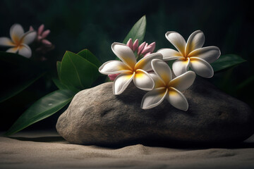 Branch of Plumeria flowers on a big wild stone, standing on sand, on dark background. Backdrop for cosmetics advertising. AI generative