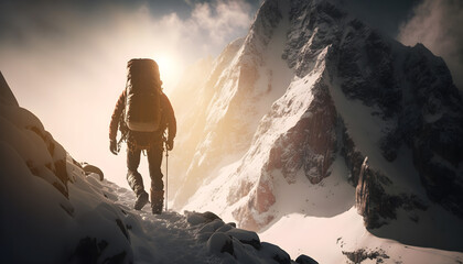 Back view climber hiker with backpack on top of mountain with flag, sunset light. Generation AI