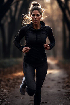 Beautiful adult fitness woman is jogging outdoor on sunny day in summer. Sport and fitness picture generative with generative AI